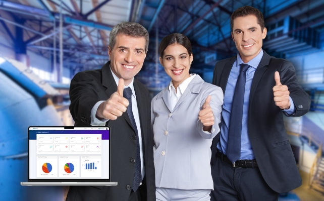 Business team giving thumbs up for My Ticket Solutions (MTS) help desk software analytic dashboard