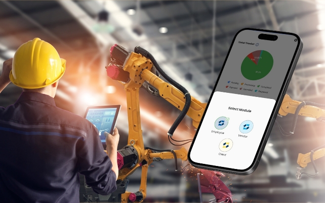 Engineer using a tablet to monitor automation robot arms and raising a repair ticket via My Ticket Solutions help desk software.
